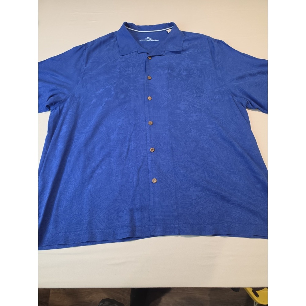 Tommy Bahama Shirt‎ Mens 2XLB Blue 100% Silk Camp Button Up Pocket Floral Inlay